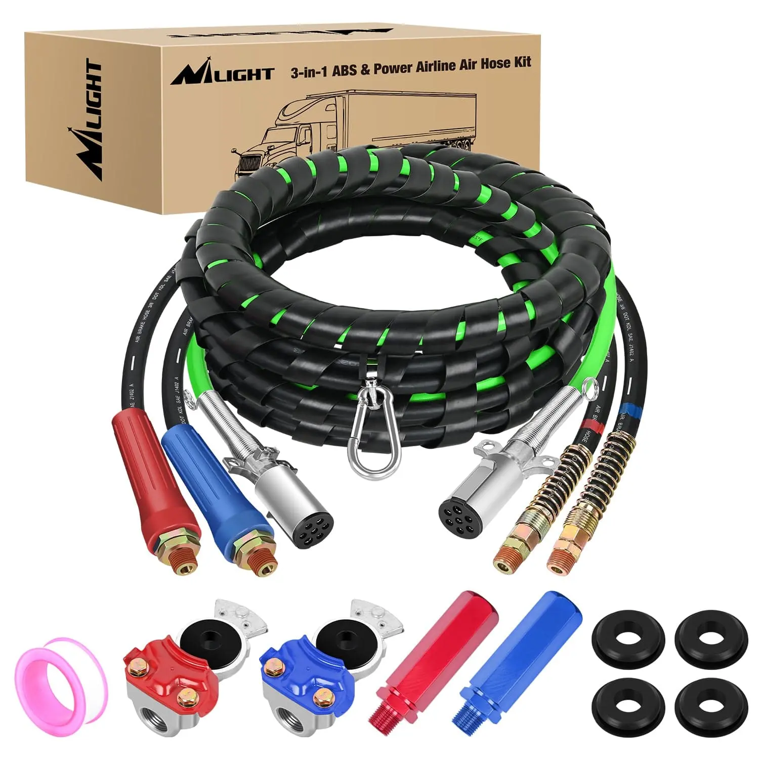 Nilight 15FT 3-in-1 ABS Electrical Cord & Rubber Air Line Hose Kit, Gladhands Set with Handles, 3-In-1 Kit