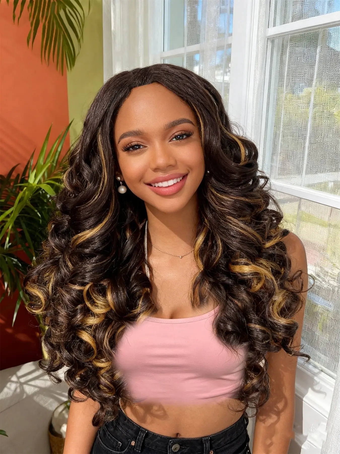 24 Inch Highlight Blonde Layered Loose Curly V Part Synthetic Wig Glueless Easy Wear Natural Fluffy Curls Daily Hair Wigs for Women