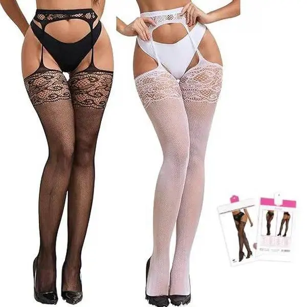 Women's Gothic Suspender Pantyhose with Sheer Fishnet & Floral Lace Detail, Crotchless with a Widened Rubber Waistband, Party, Role Play, Fish Net, Elegant, Lingerie, Festival, Lady, Nylon Blend