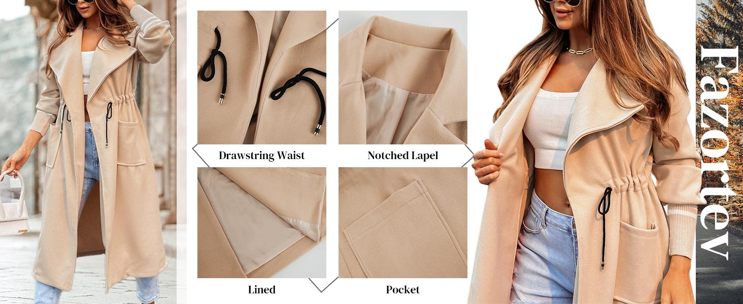 FMEYOA Women Coat Pocket Casual Drawstring Waist Open Front Classic Lapel Overcoat M7P162