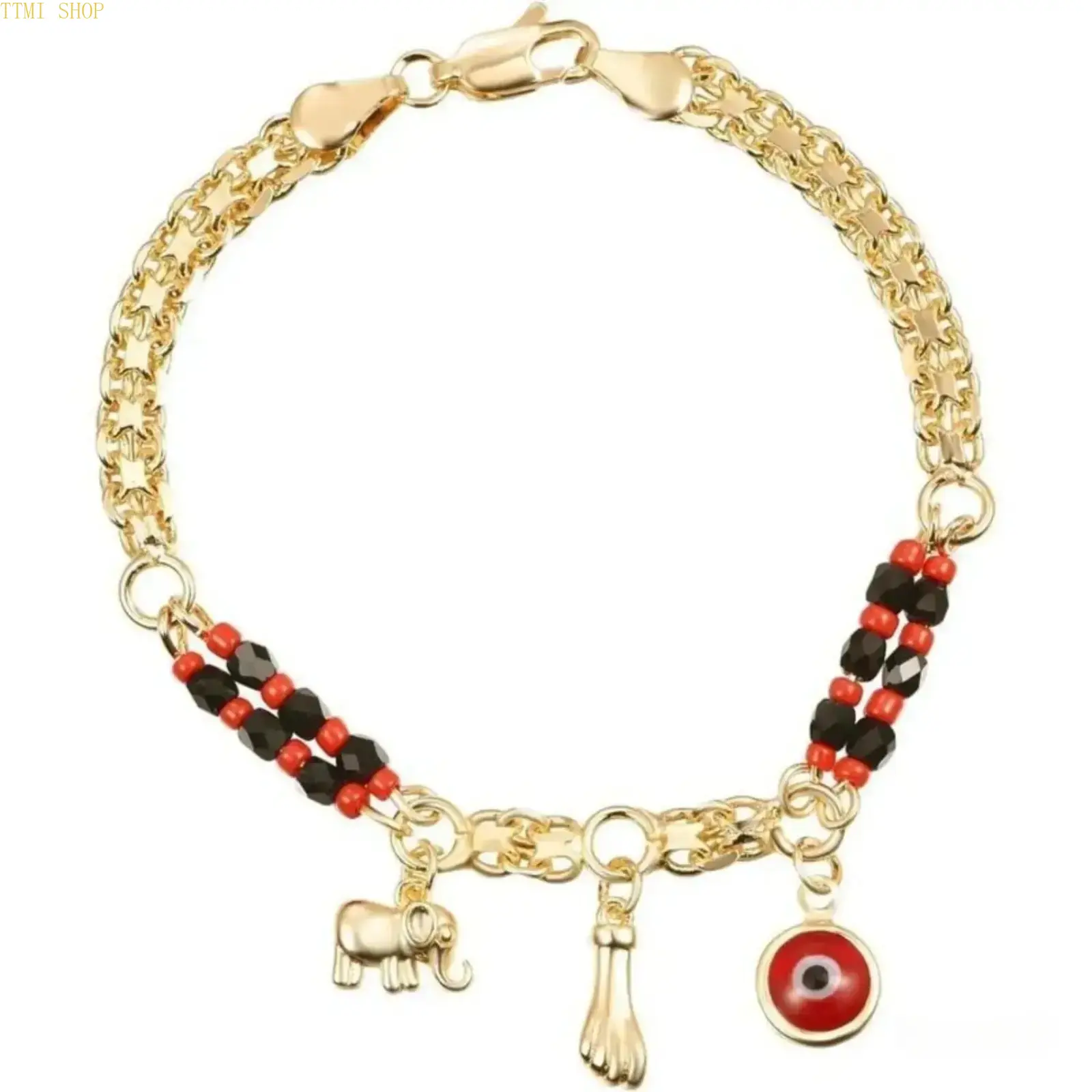 14K Gold Plated Evil Eye Elephant Azabache Charm Bracelet, Red Black Beaded Link Chain Lucky Protection Wristband, Mal De Ojo Jewelry Gift for Women Men Teen Girls