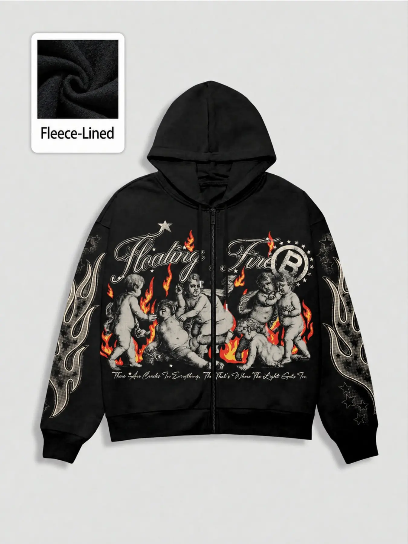 Men’s Oversized Zip Hoodie, Gothic Graphic Sweatshirt with Flame Artwork, Vintage Illustration Print and Alternative Streetwear Style for Hip Hop, Urban Fashion and Winter Outfits