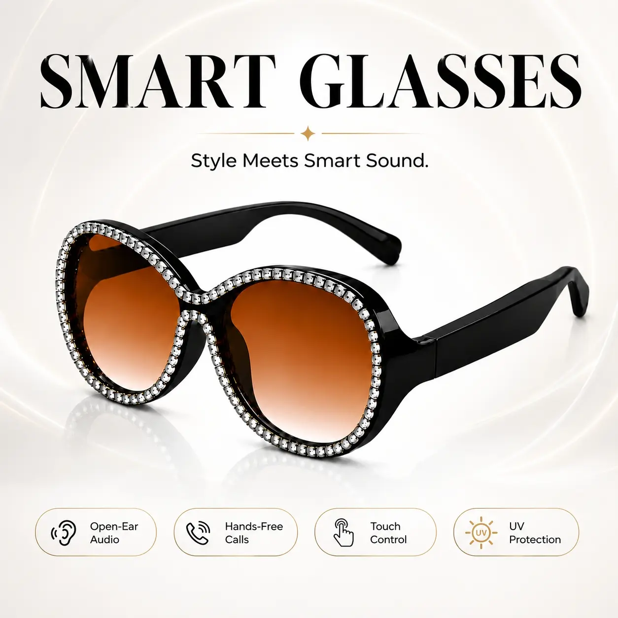 Bling Rhinestone Audio Glasses for Women, Bluetooth Open-Ear Sunglasses with Built in Mic, Music and Touch Control