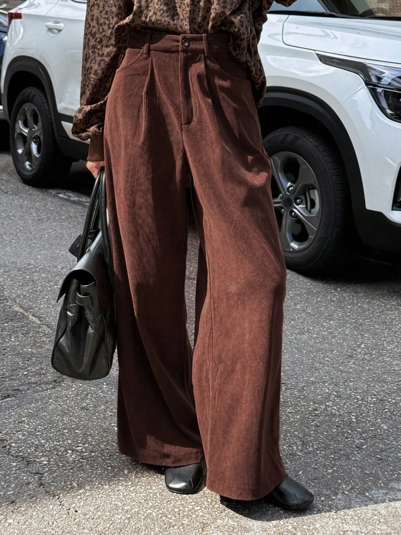 Women's High-Waisted Solid Color Corduroy Wide Leg Pants, Elastic Waist Design, Perfect for Daily Wear and Commuting, Fall Winter Long Pants