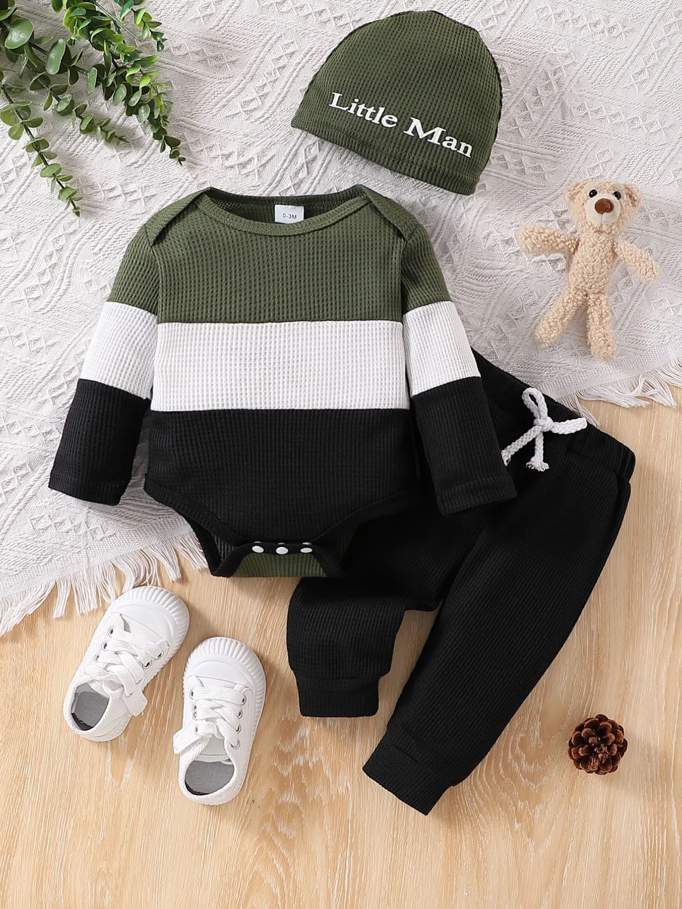 Spring Fall Newborn Boy Three-Piece Set, Waffle Knit Long Sleeve Diaper Cover, Drawstring Jogger Pants, Letter Print Hat, Soft Neutral Casual Style, Cozy, Newborn Outfits Set