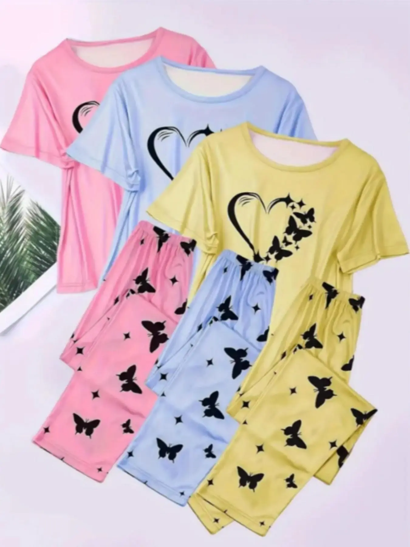 6-Piece Set Cute Cartoon Bear and Heart Print Pajama Set, Comfortable Short Sleeve Round Neck Top and Elastic Pants, Women's Sleepwear and Loungewear