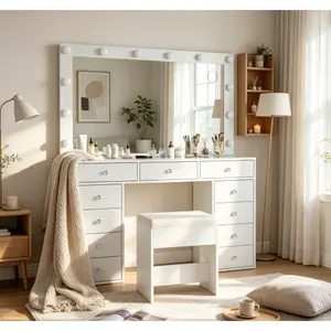 47"W 11 Drawer Vanity Desk with Power Outlet [Shipping by 2 Packages] Makeup Vanity with Mirror and 12 LED Lights, 3 Lighting Modes, Vanity Table with Chair, Glass Top, Dressing Table for Bedroom,Dressing Room,Deals For You Days