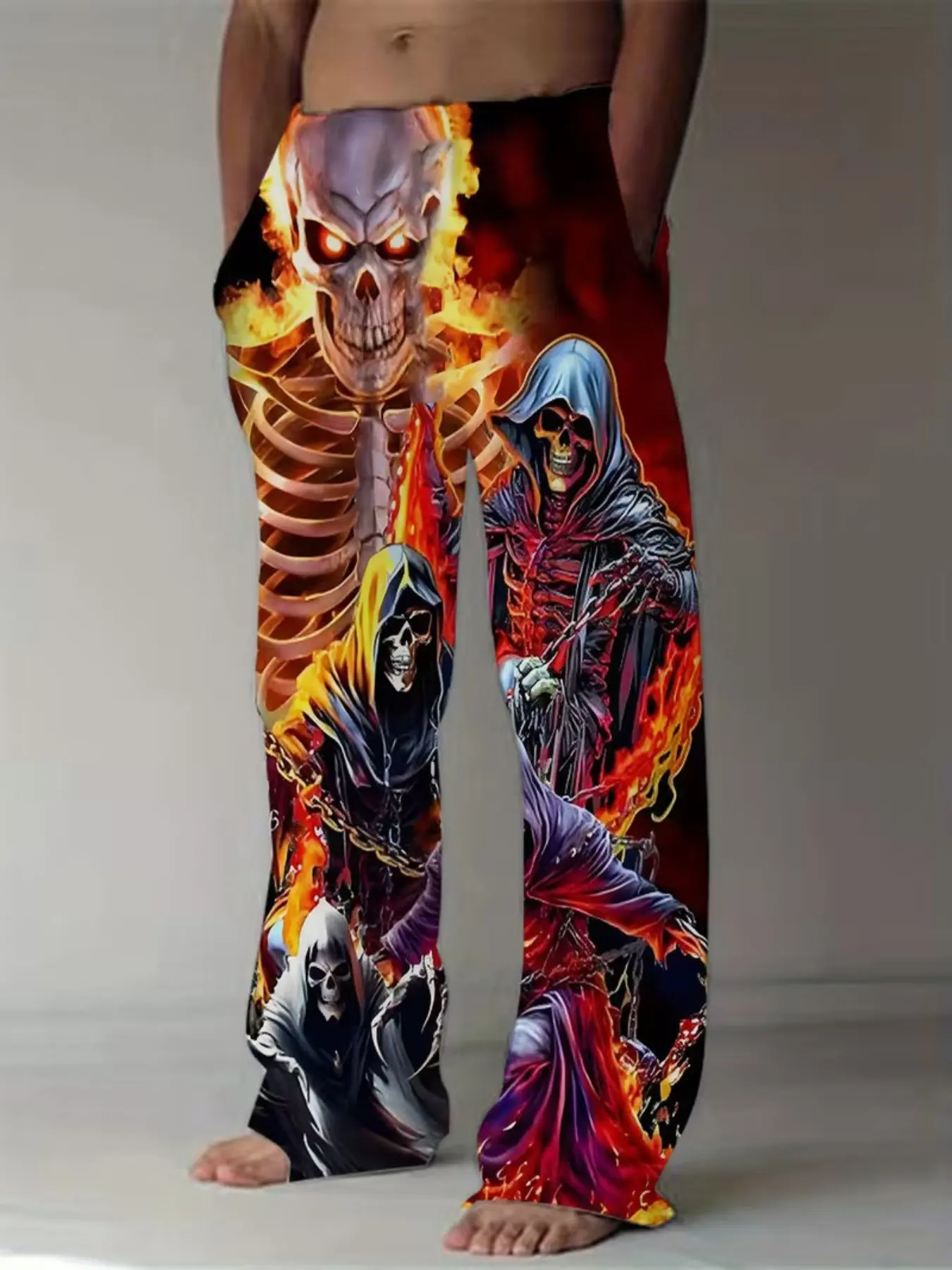 Men's Skull Print Casual Sleep Pants, Loose-Fit Comfortable Jogger Long Pants, All-Season Fashion Home Clothes Loungewear, Unlined Design