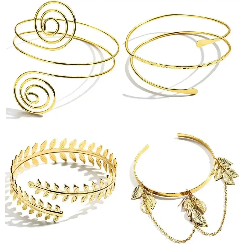 Women's 4-Piece Arm Bangle Set, Adjustable Minimalist and Goth Upper Arm Cuffs with Leaf, Feather, and Wide Band Designs, Bangle Jewelry, Adjustable Minimalist Bangle