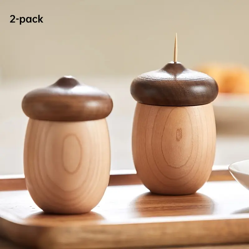 2 Pack Acorn Shaped Wooden Toothpick Holders, Natural Wood Decorative Toothpick Dispenser, Rustic Farmhouse Kitchen Dining Table Decor, Small Storage Container for Toothpicks, Cotton Swabs, Floss Picks, Perfect for Home Kitchen, Bathroom Vanity, Office De
