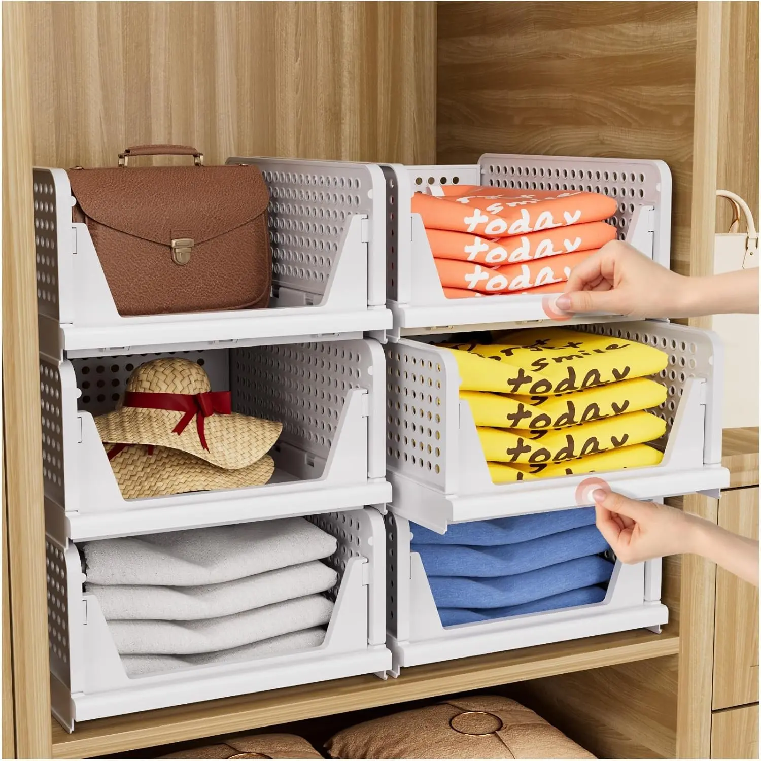 5 Pack Closet Organizers Storage Box, Stackable Closet Storage Bins, Plastic Drawer Basket for Wardrobe Cupboard Kitchen Bathroom Office, White
