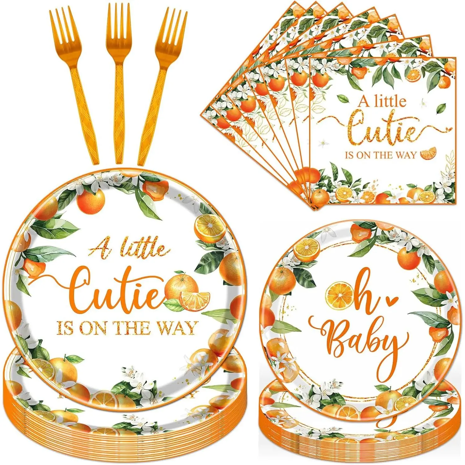 A Little Cutie Is On The Way Baby Shower Tableware, 96PCS Cute Orange Party Plates Napkins and Forks Set Supplies, Disposable Baby Paper Plate Serves 24