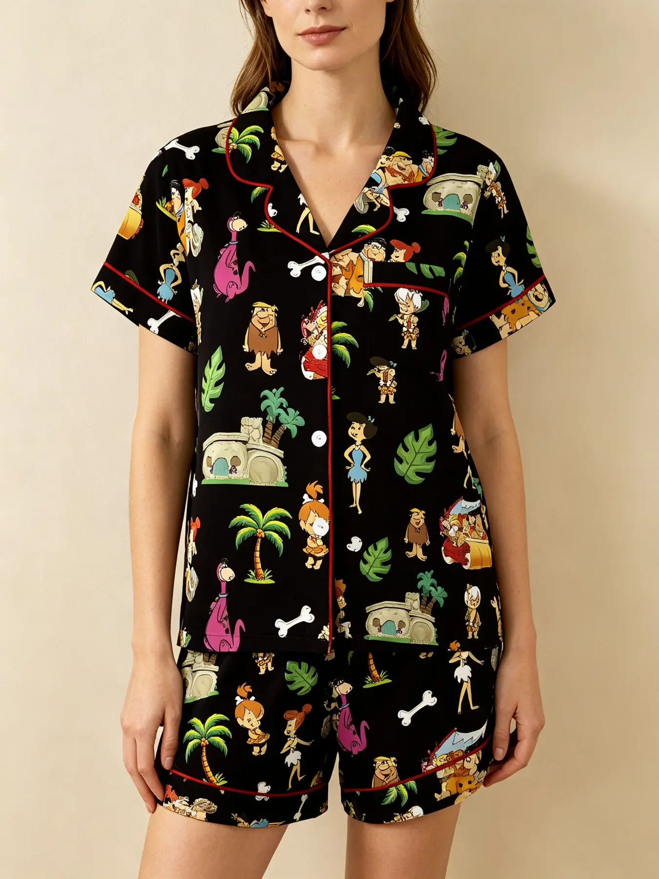 Vintage Modern Caveman Cartoon Print Women's Pajama Set, Comfortable Wear-Outside Sleepwear, Short Sleeve Button-Up Top and Elastic Shorts