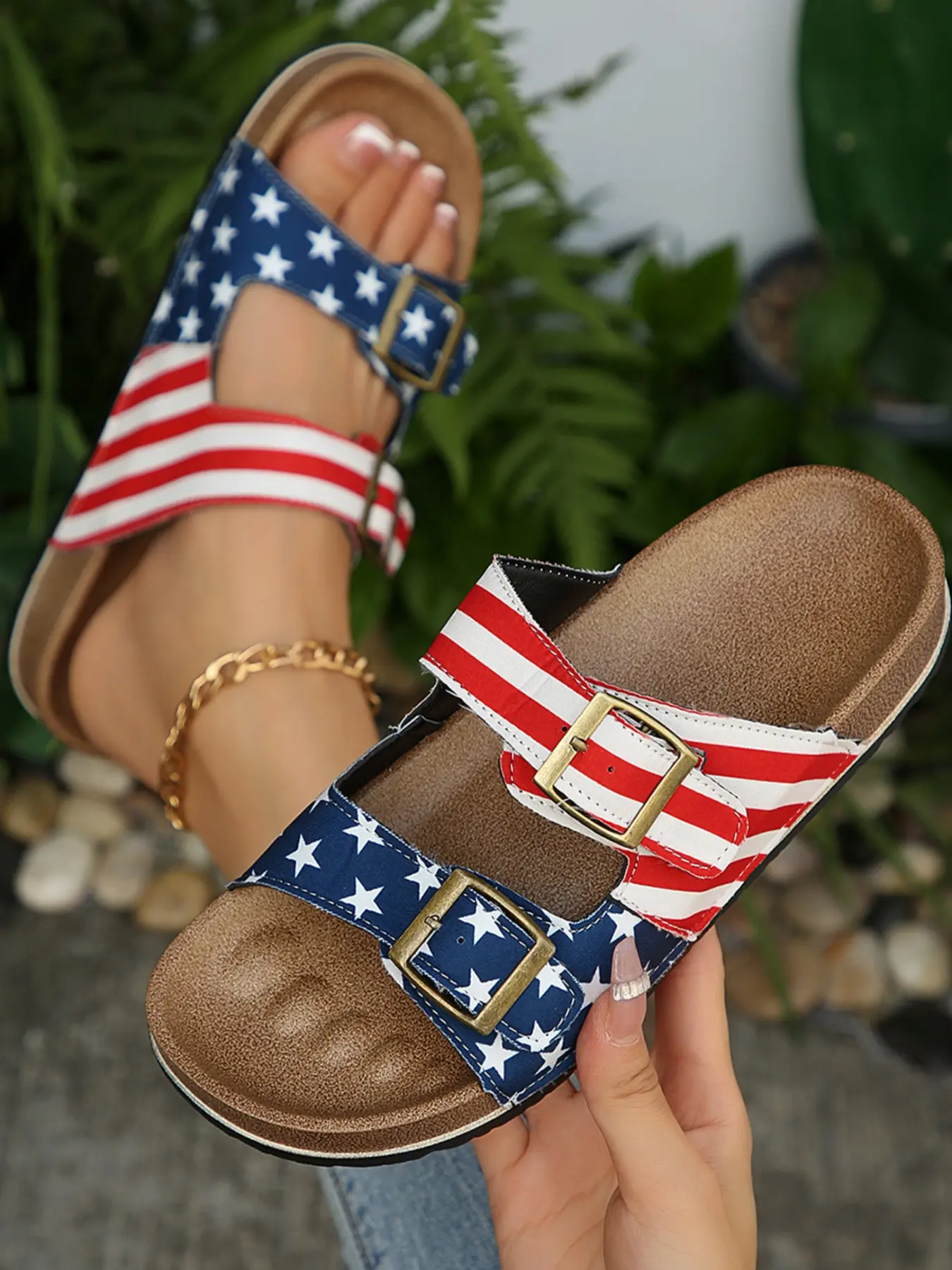 Women's Fashion Sandals, Flat Dress Sandals, Usa Flag Pattern Flat Open-Toe All-Season Slippers, Multifunctional Comfortable Daily Shoes, Striped Fabric Sole