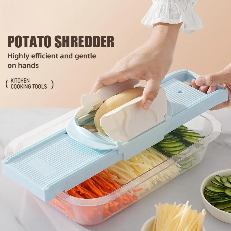 2-in-1 Multi-Function Handheld Slicer and Shredder, Veggie Slicer, suitable for various vegetables and meats. Features two adjustable blades, easy to clean, ideal for both home and commercial use.