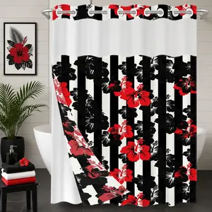 1Pc Hookless Waterproof Shower Curtain, Black White Stripe Red Hibiscus Tropical Contrast Print, Quick Dry Mildew Proof Fabric, Removable Snap-in Liner Accessory, Top See-Through Window, American Hawaiian Retro Divider Curtain 71×74 Inch