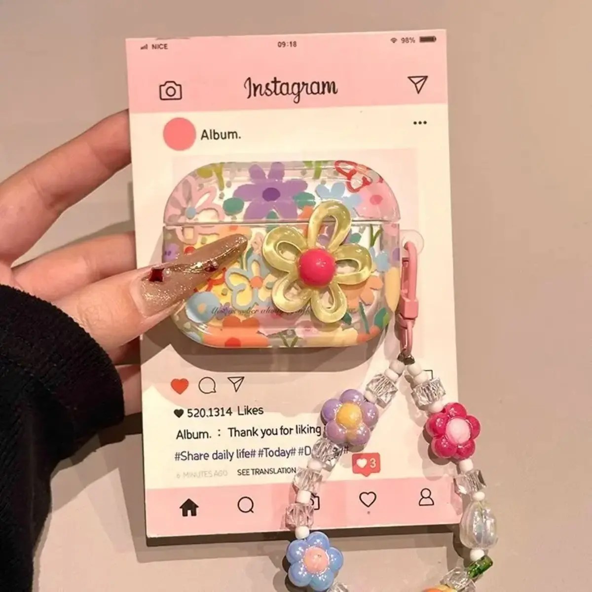 Cute 3D Flower AirPods Case with Beaded Strap, Popular Transparent Floral Print Earbud Holder, Trendy Shockproof Protective Cover, lightweight & anti-drop construction, great for carrying earbuds, matching outfits, daily commutes and sharing with friends