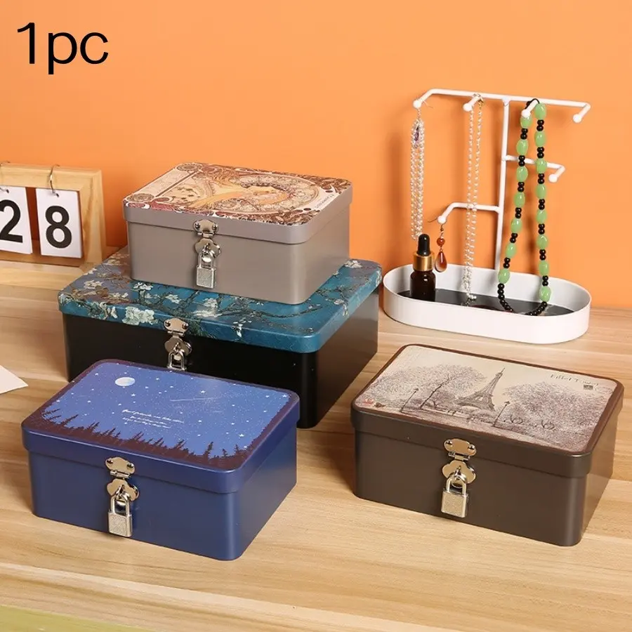 Vintage Tin Box with Lock Key, Desktop Organizer for Cosmetics, Documents, Home Jewelry Storage, Empty Box for Various Uses