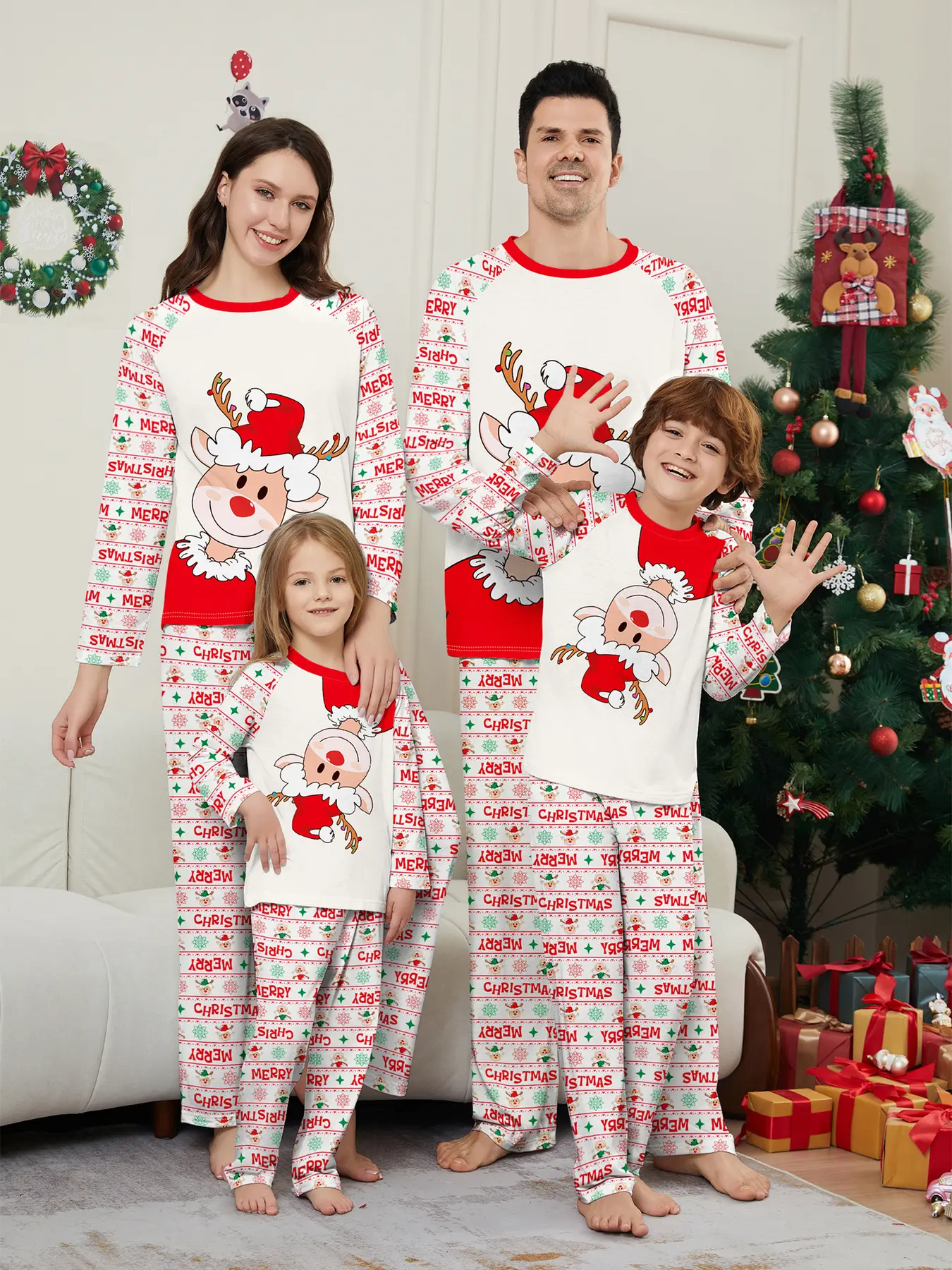 Family Matching Christmas Pajamas Set for 4, Santa & Tree Print Two-piece Loungewear with Red Trim, Soft Breathable Knit, Perfect for Xmas Photos, Party & Daily Sleep