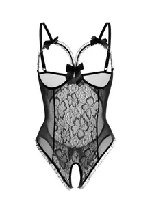 Women's Bow Decor Sheer Floral Lace Teddy Bodysuit, Adjustable Strap Cut Out Open Crotch Design Bodysuit, Soft Comfy Breathable Lingerie for All Seasons  chica under whimsy clothing  french cut underwear