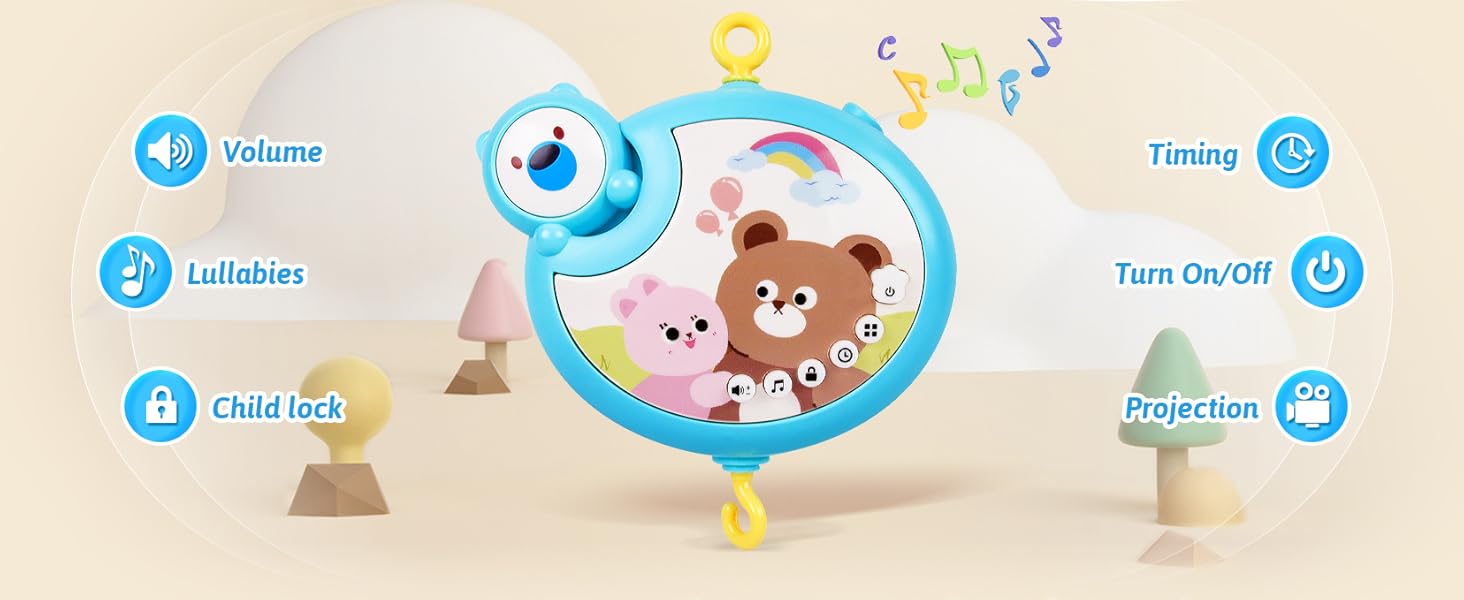 Crib Mobile with Music and Lights, Baby Mobiles for Cribs, Nursery Musical Mobile for Bassinets Toys Hanging Girls Boys, Pack and Play Space Portable Animal Mobile Hanger Arm Clip On Attachment