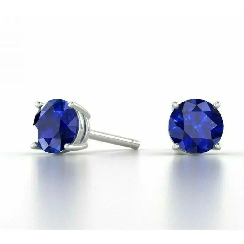 925 Sterling Silver Round Cut Lab Created Blue Sapphire Round Stud Earrings 6MM