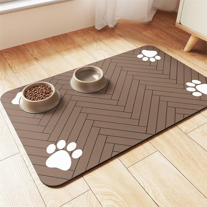 Quick Drying Absorbent Waterproof Stain-Resistant Pet Feeding Mat for Dogs & Cats, Non-Slip Rubber Bottom, Dark Surface Dark Polyester, Thin Lightweight Indoor Camping Picnic Mat for Small-Large Pets, Indoor Use