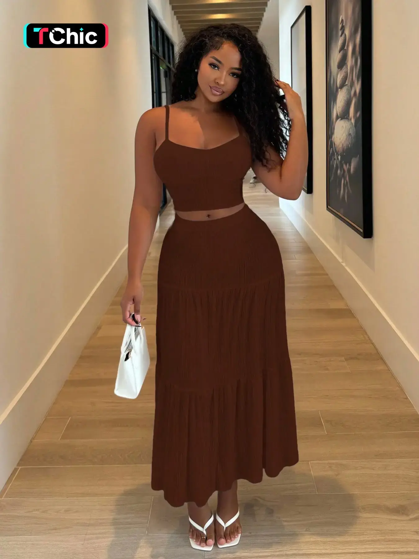 Women's Basic Minimalist Camisole Tank Top And Long Skirt Set