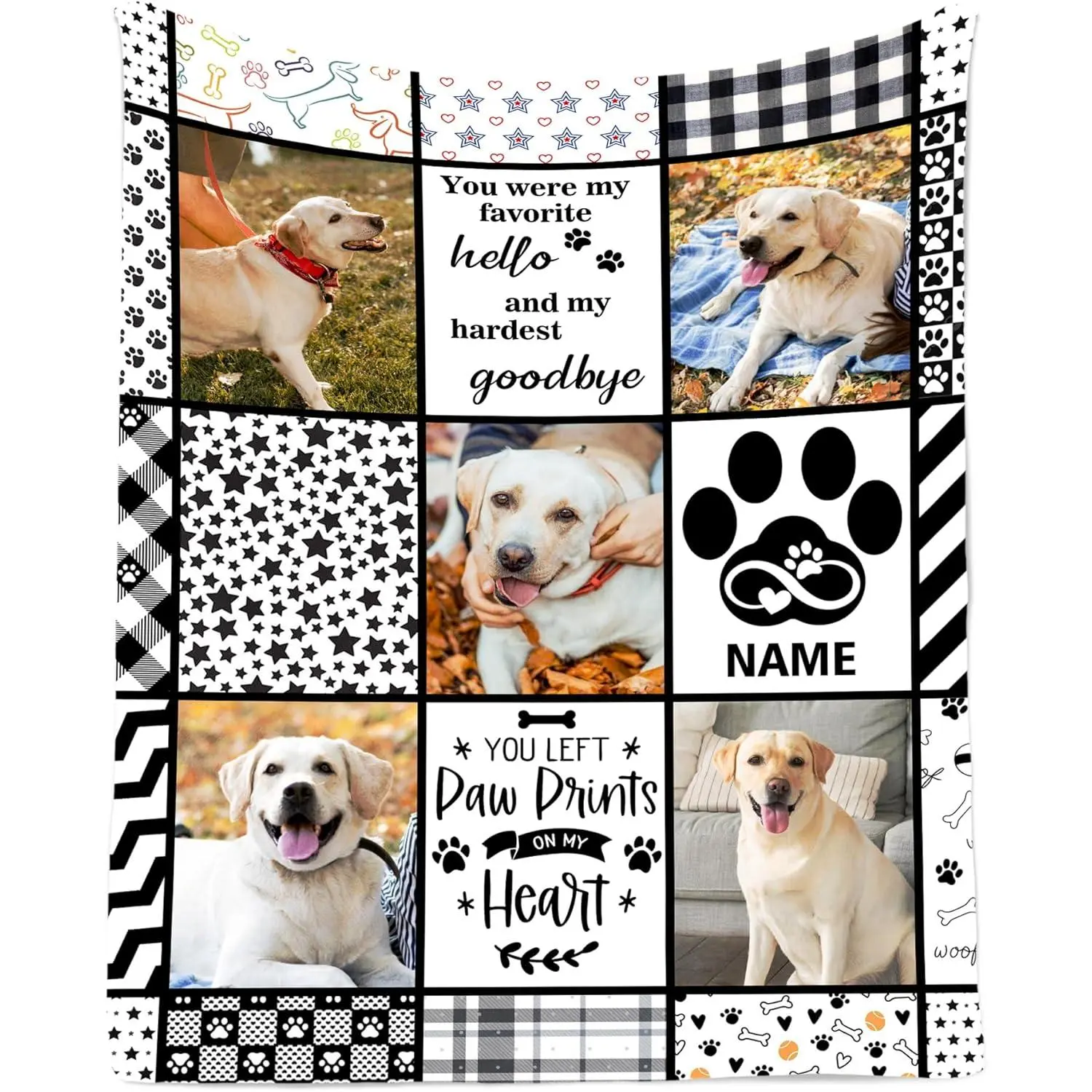 "Favorite Hello Hardest Goodbye" Custom Pet Memorial Blanket, Paw Print Collage Flannel Throw, Personalized Dog Cat Loss Gift, Sympathy Keepsake for Pet Parents, Soft Cozy Warm Blanket for Bed Couch