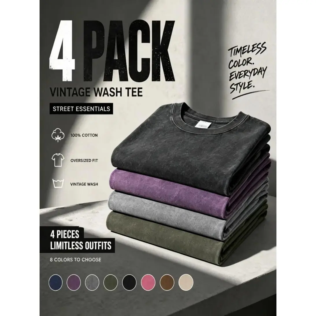 Women's 4-Pack Oversized Vintage Round Neck Heavyweight Tees - Unisex 100% Cotton Plain Color Tops (Black+Gray+Brown+Army Green) for Streetwear & Gym, Machine Washable, Medium Length, Reinforced Stitch