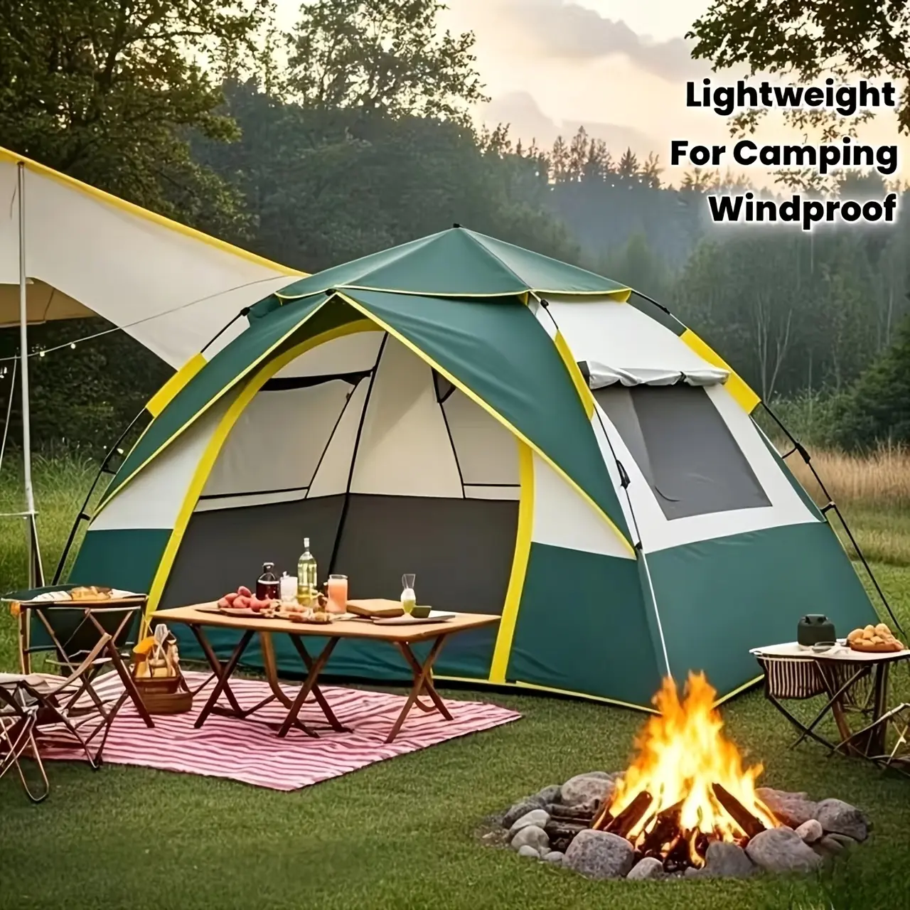SKYNEST Automatic Instant Setup Camping Tent, 1-3/3-4 Person All-Season Tent with Dual Doors & Mesh Windows, Windproof Lightweight Green/Beige Tent for Camping, Hiking, Hunting, Travel, Outdoor Shelter, Campers Accessories, Camping Tent, Gift