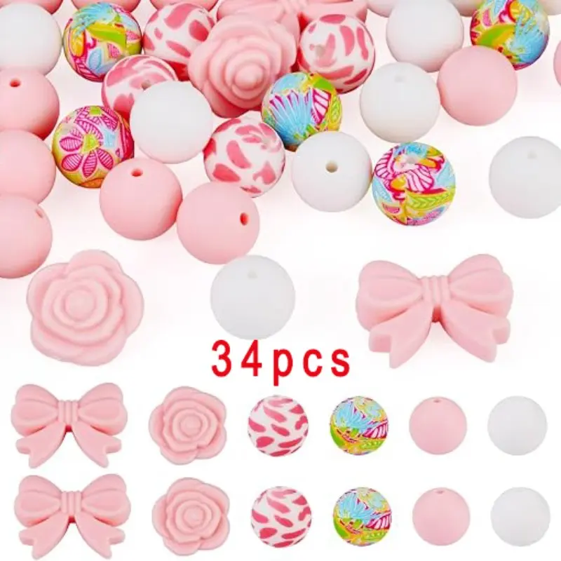 34 Silicone Beads for Valentine's Day Pen Charms, Keychain Making, Butterfly Rose Round Charms, Bracelet Necklace Jewelry, Birthday Gift