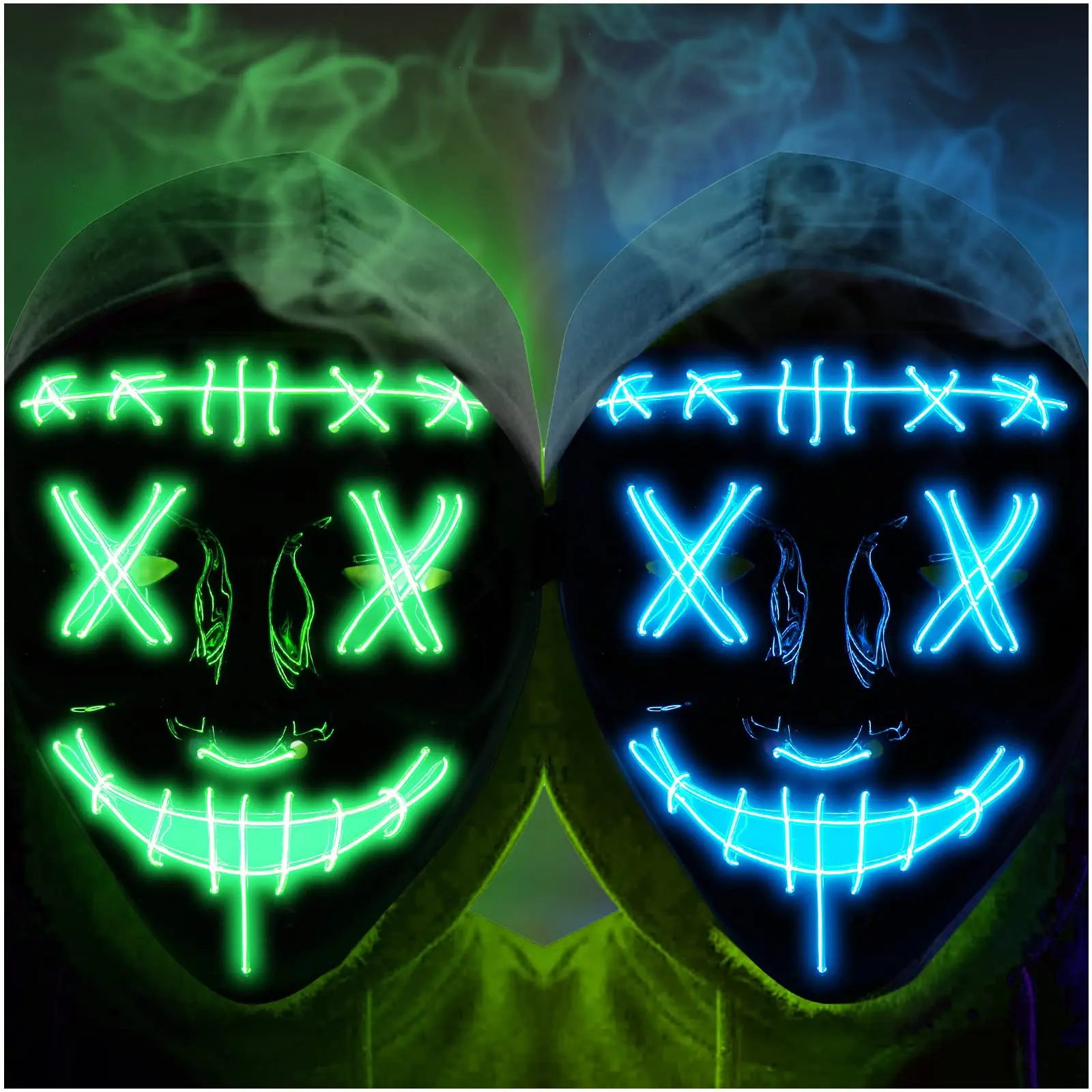 Kids LED Light-Up Purge-Style Scary Face Mask Set - EL Wire Glow, Halloween Costume Dress-Up for Cosplay & Festival Parties - Multi-Pack (2/3 Pack)