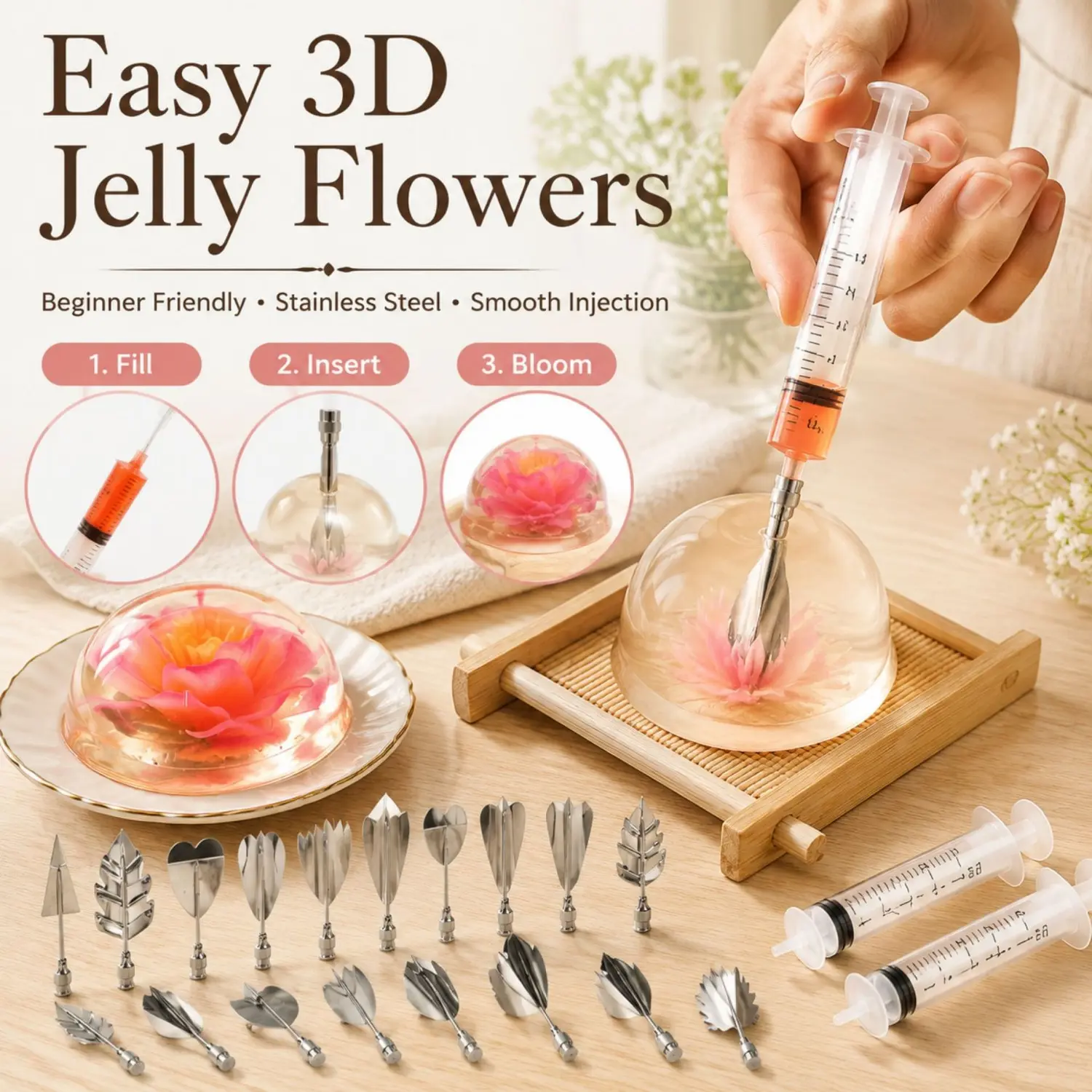 22 PCS 3D Jelly Art Tools Kit, Food Grade Stainless Steel Gelatin Nozzles with Graduated Syringe, Reusable Pudding Cake Decorating Needles for DIY Jelly Cake Making Dessert Decoration