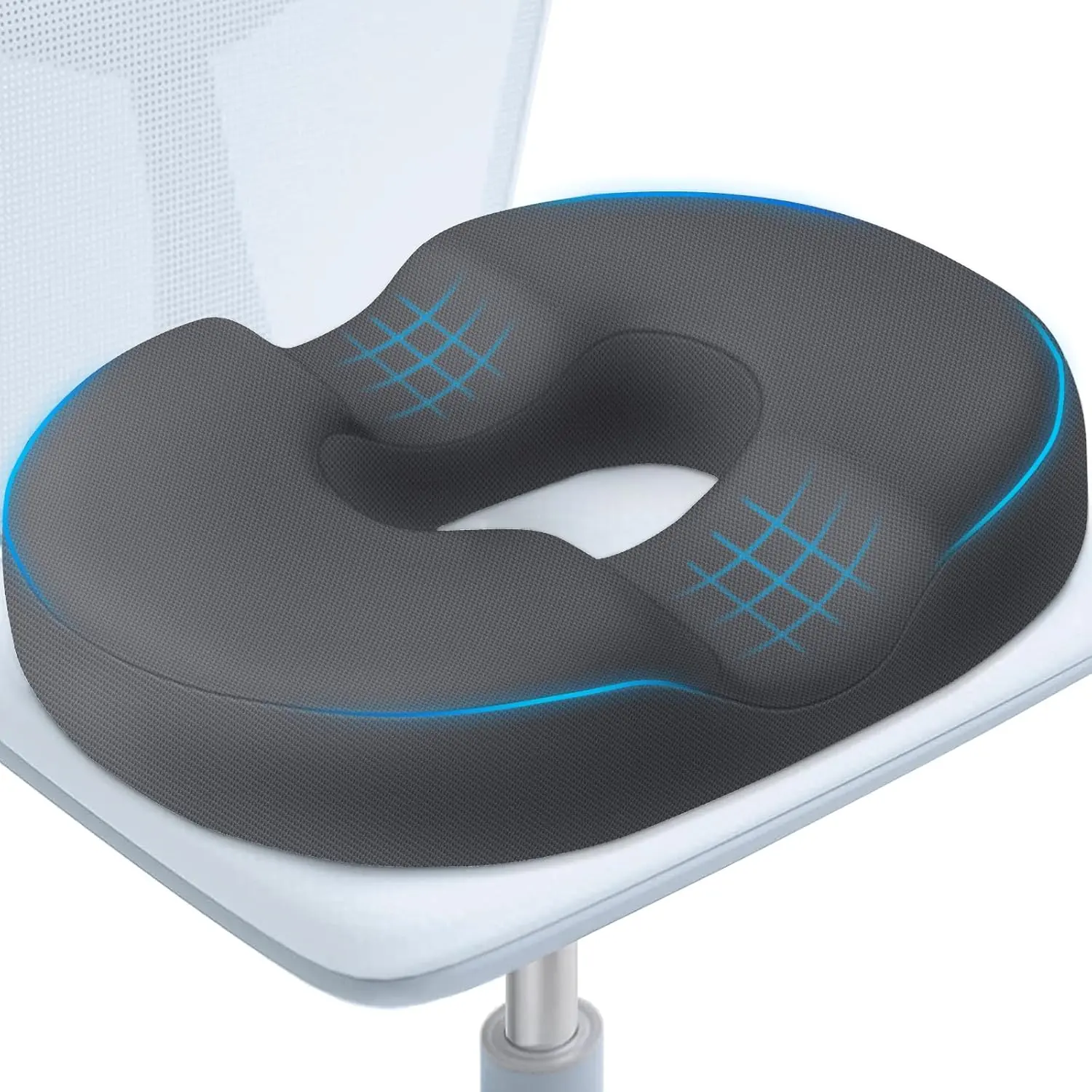 Donut Shape Memory Cotton Seat Cushion with 17.4" x 13.39" Size, Anti-Slip Base & Detachable Cover - Postpartum Hemorrhoid Relief, Tailbone Pain Support for Office & Home Chairs (Grey)