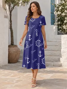 Women's Nautical Anchor Print Long Dress, Round Neck Short Sleeve Loose Summer Dress, Side Pockets, Casual Beach Wear