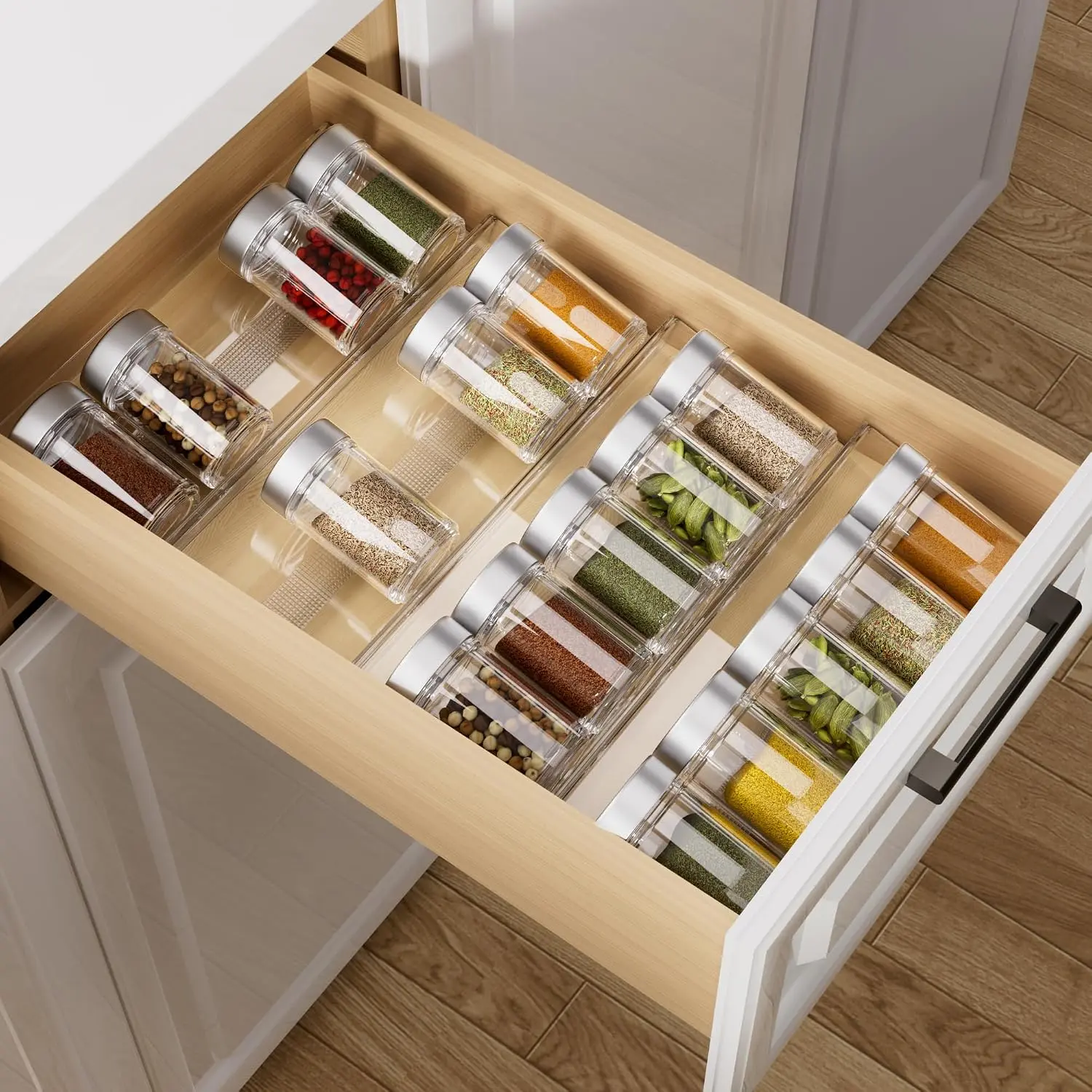 Drawer Organizer, 2 Tier - 4 Pack Seasoning Organizer for Drawer, Expandable From 13" to 26" Kitchen Drawer  Rack with Slip-Proof Mat (Jars not Included)
