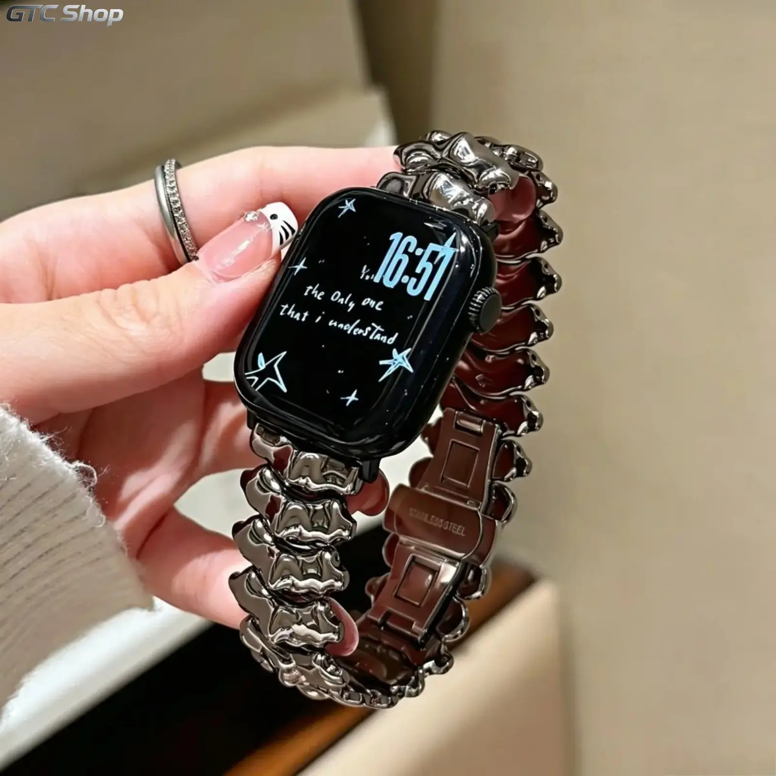 Glossy Silver Dragon Spine Stainless Steel Watch Band Compatible with Apple Watch Series 2 3 4 5 6 7 8 9 10 11, 38mm 40mm 41mm 42mm 44mm 45mm 46mm 49mm, Curved Bone Metal Wrist Strap Fold Over Clasp Bracelet Accessory for Women Girls