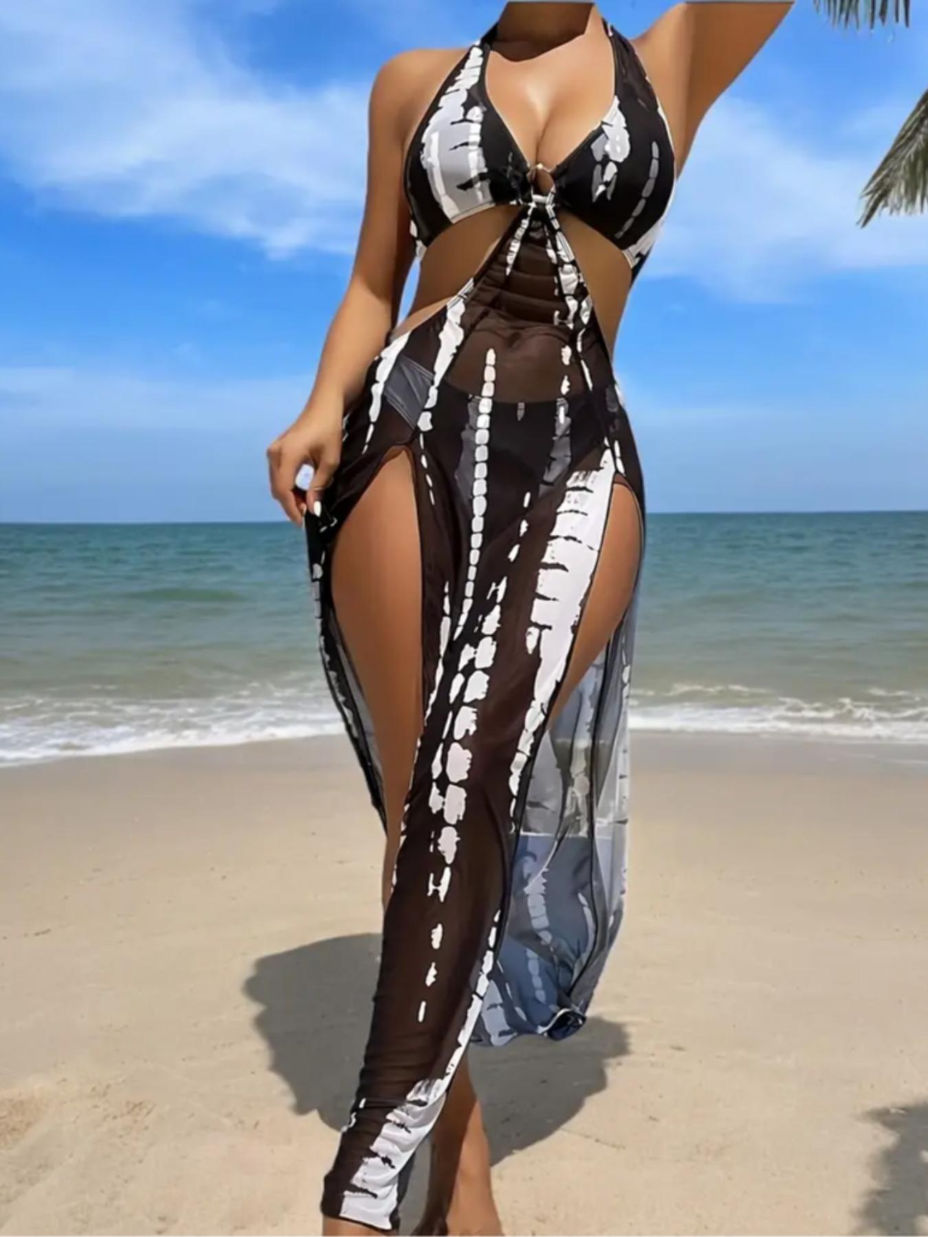 Two-piece Set Women's Colorblock Halter Neck Tie Back Bikini Set, Casual Ring Linked Backless Swim Bra & High Cut Swim Panty, Ladies Swimsuit for Beach Holiday Vacation, Halter Swimwear