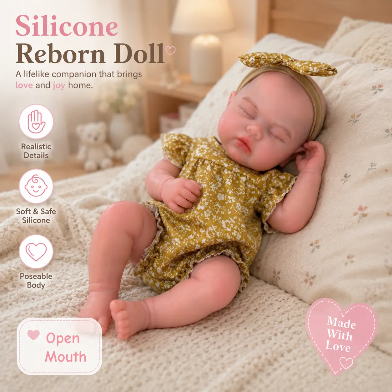 Otarddolls Lifelike Realistic Newborn Soft Body Doll - 12.2in Full Silicone Reborn Girl with Open Mouth, Hand-Painted Skin, Flexible Handcrafted Design - Gift for Collectors