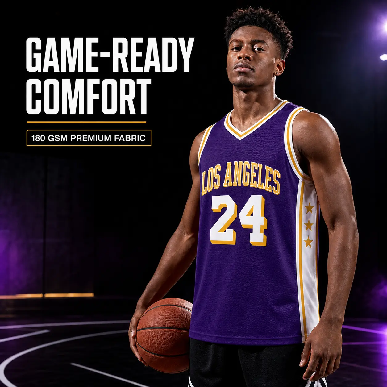 Men’s Purple Gold 24 Basketball Jersey, Los Angeles Style Sleeveless Mesh Tank Top, Retro Athletic Fan Shirt, Breathable Game Day Sports Jersey for Streetwear, Gym, Pickup Basketball, Parties, Concerts, Summer Wear & Casual Outfits