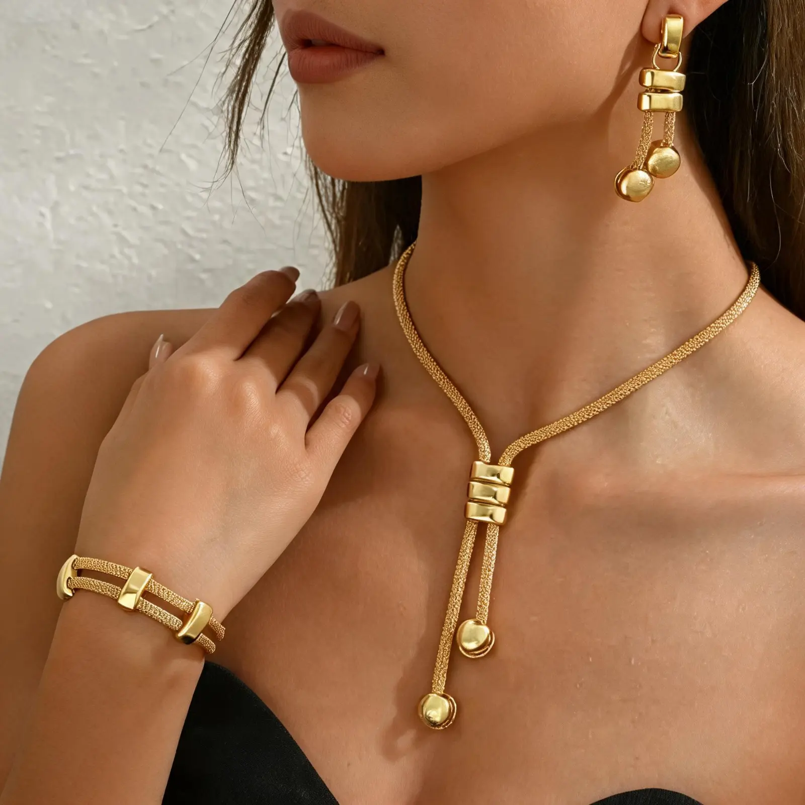 18K Electroplated Jewelry Set, Double Layer Necklace, Geometric Tassel Earrings and Woven Bracelet, Anti-allergy Fade Resistant Elegant Accessories, Daily Gift for Women