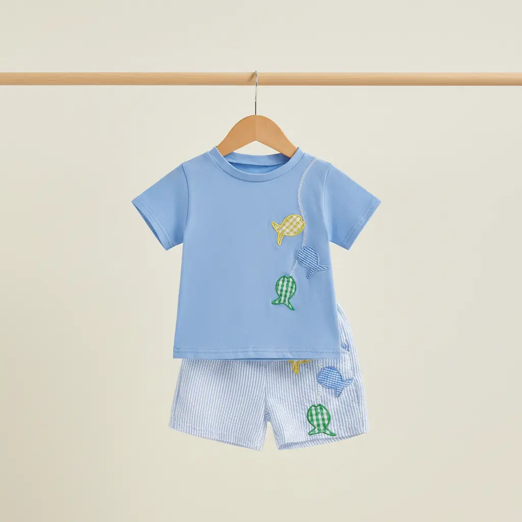 Toddler Boys Summer Shorts Set Outfits Fish Embroidery Short Sleeve T-Shirts Elastic Waist Shorts 2Pcs Clothes Set