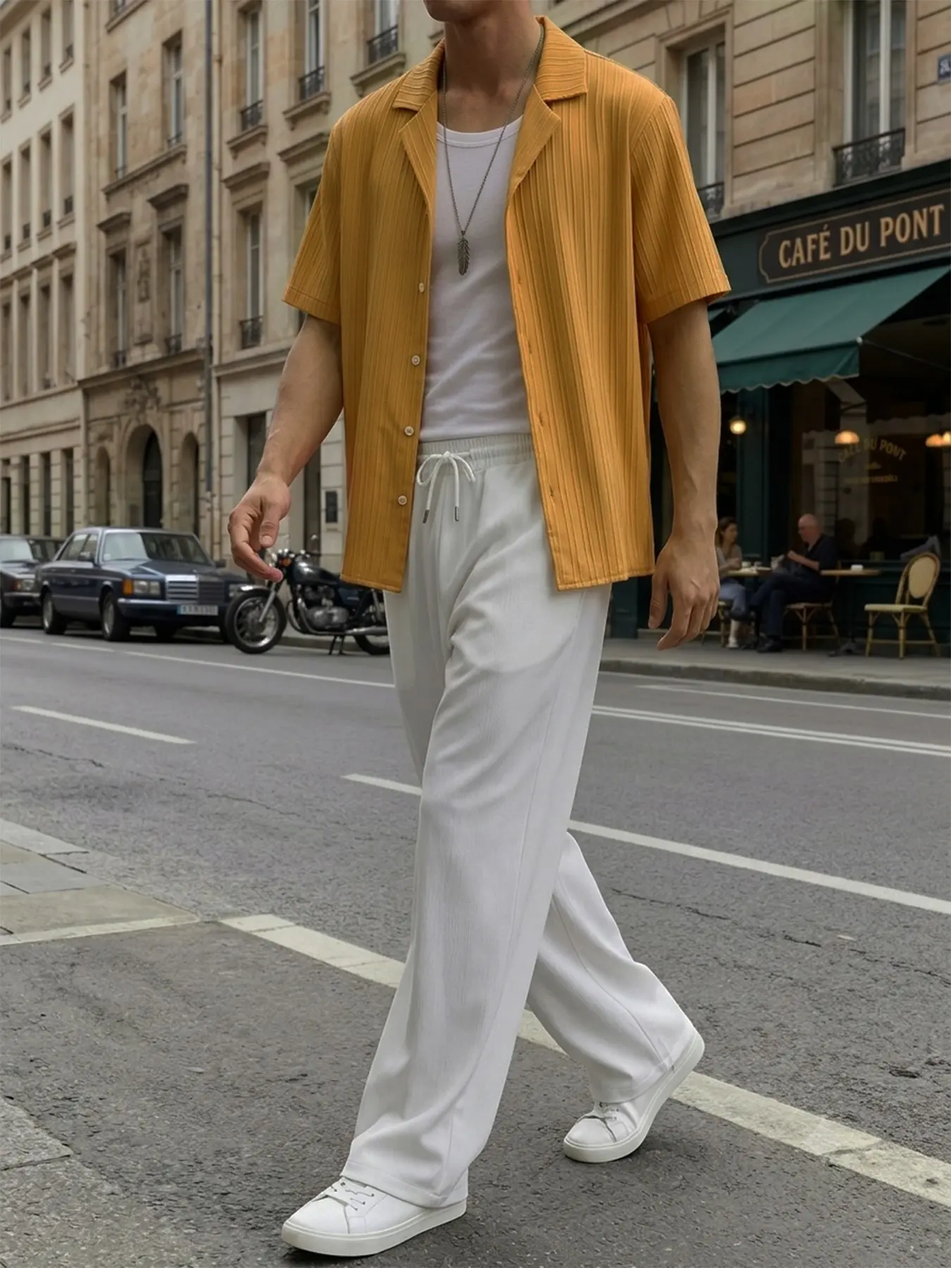 Two-Piece Set Cuban Collar Short Sleeve Shirt & Wide Leg Pants, Breathable Fabric, Casual Daily Wear, French Chic Style