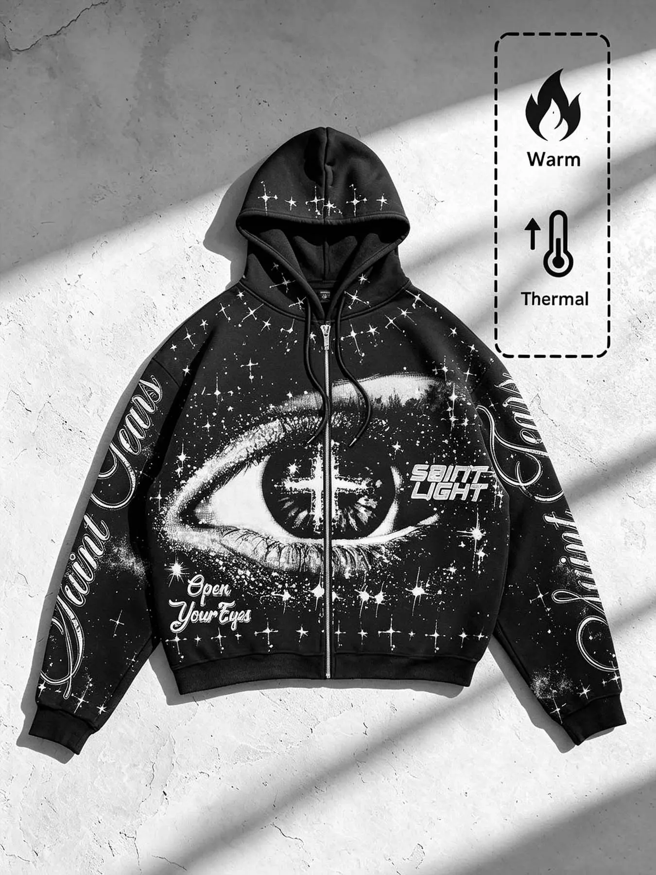 Men's Vintage Starry Night Cross Print Hoodie, Sweatshirts, Long Sleeve Loose Fit, Warm Fleece Lining, Y2K Street Style, Fall & Winter Fashion