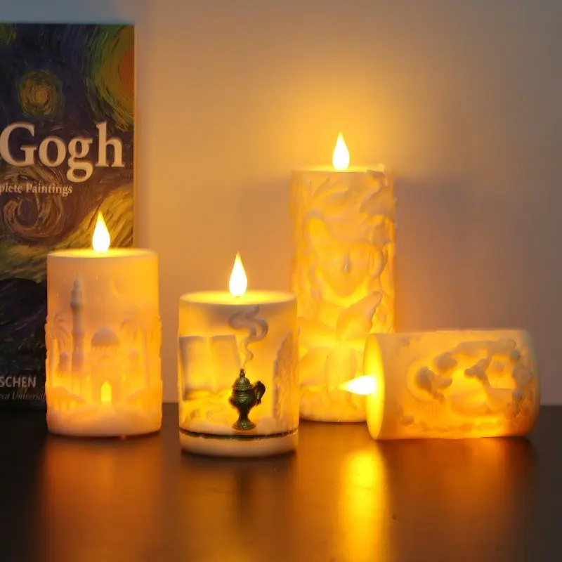 Christmas Resin Candle Lamp, Style Relief LED Electronic Atmosphere Light, Cylindrical Lantern, Small Night Light, Decorative Scene Lighting