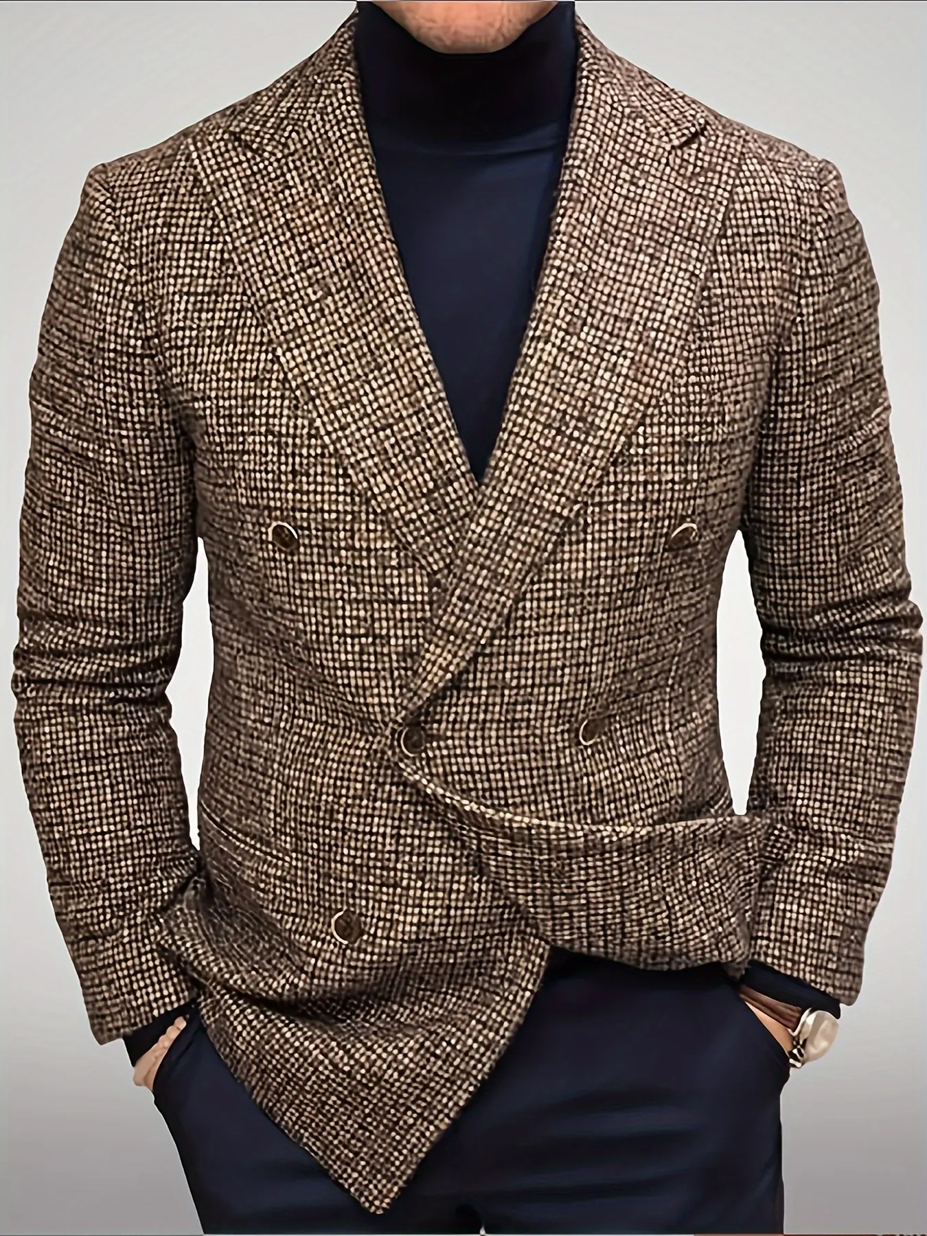 1 PC Men's Autumn-Winter Double-Pocketed Double-Button Suit Jacket, Fashionable Slim-Fitting Buttoned Plaid Suit Coat for Spring and Autumn, With Pockets, Elegant and Windproof, Warm, Suitable for Daily Travel and Formal Occasions, Long Sleeve