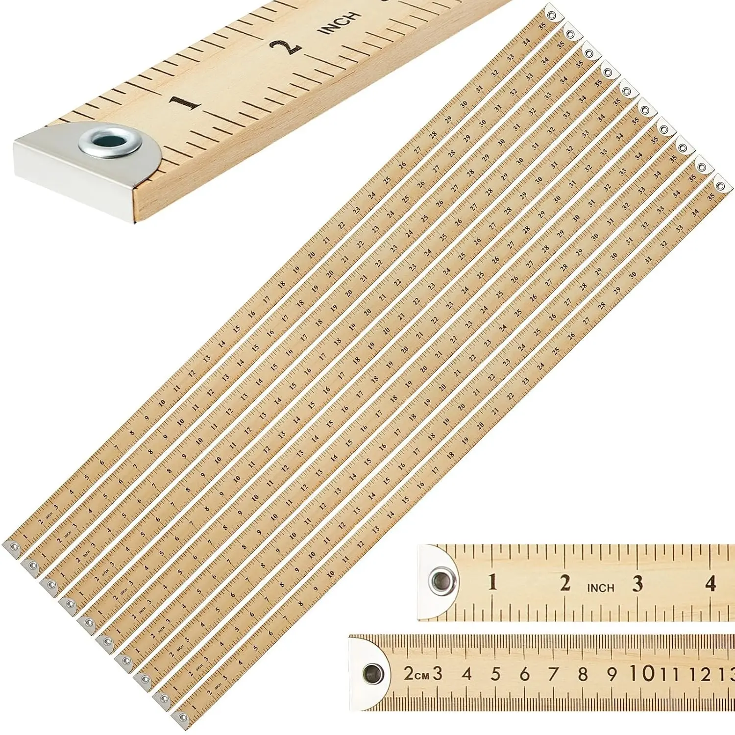 10 Pcs Heavy Duty Wooden Yardstick 36 Inches Natural Wood Yard Stick Ruler with Hang Hole Metal Tips 1/4-inch-thick Yardstick Ruler Metal Ends Meter Stick Clothing Measuring Home Office