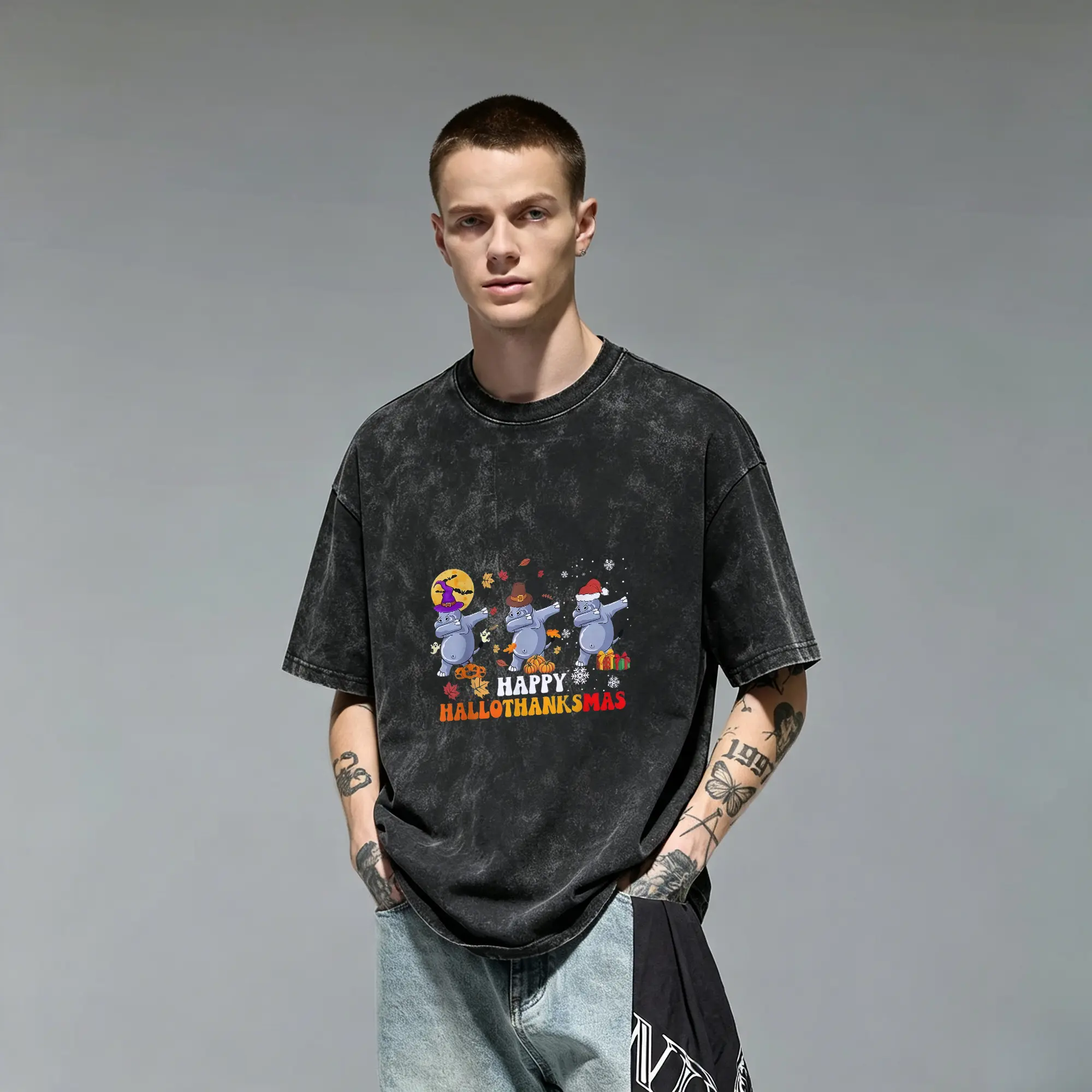 Funny Happy HalloThanksmas Dabbing Hippo Costume Art Vintage Washed Loose Fit Acid Wash Oversized 100% Cotton Graphic Tee T-Shirt for Men Novelty Gift Cutting Ideas Teen Boys Holiday Mashup Festive Party Sarcastic Humor Casual Streetwear Top Top
