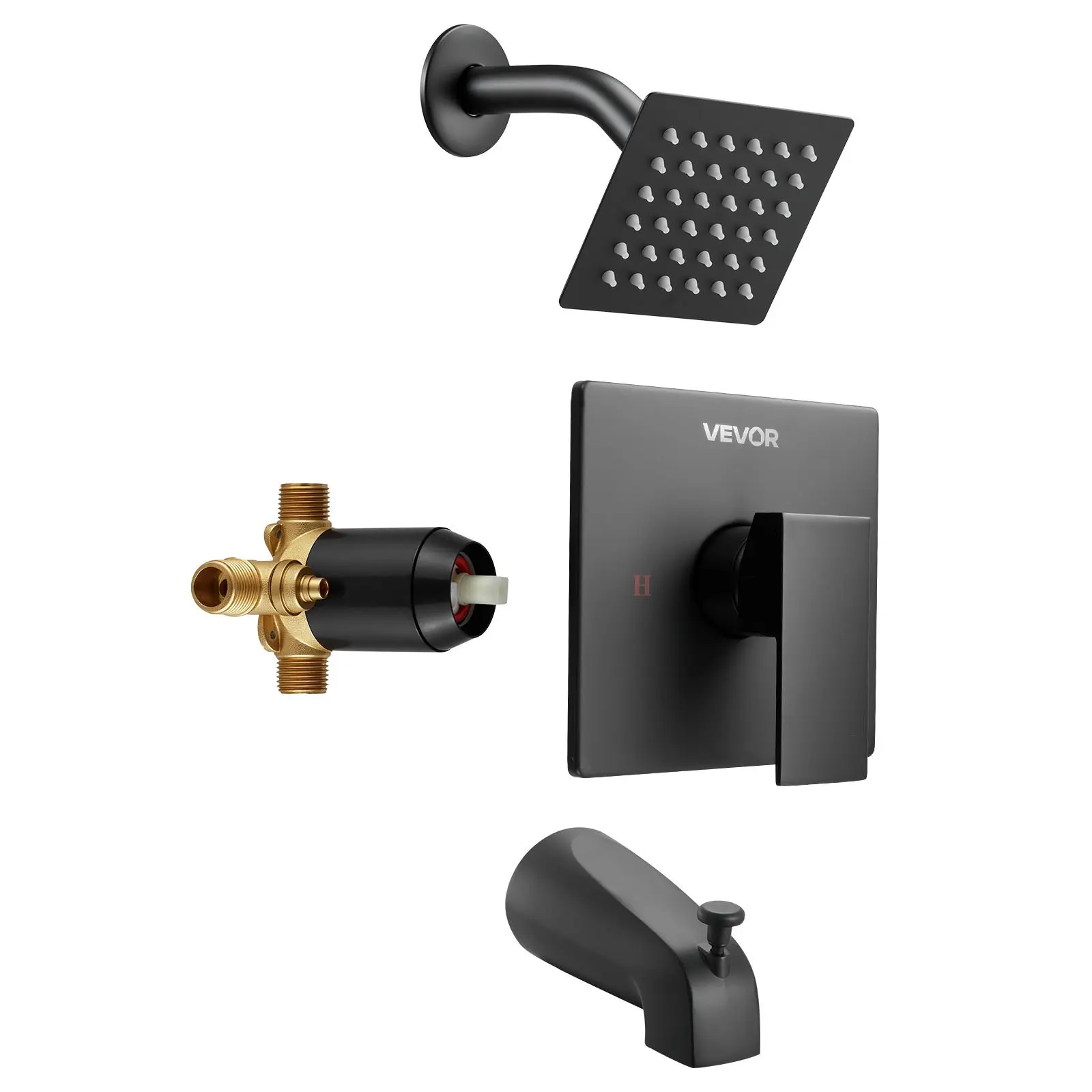 VEVOR Single-Handle Tub and Shower Faucet Kit Pack, 4-Inch Rainfall Shower Head, Bathtub Spout, 304 Stainless Steel Valve Trim, Temperature Control for Indoor Bath Bathrooms, Matte Black